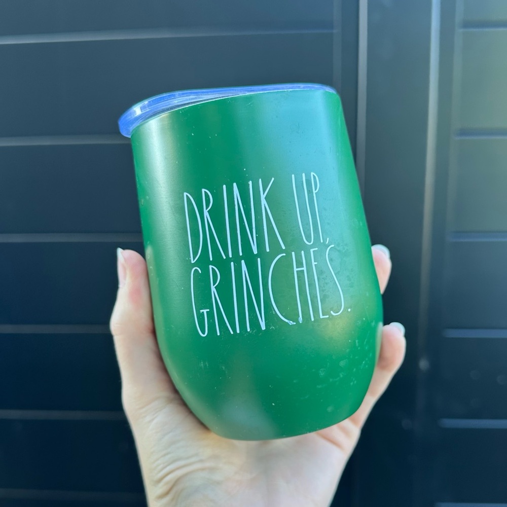 Rae Dunn Drink Up Grinches Metal Stemless Wine Tumbler Christmas Holiday w/ Lid